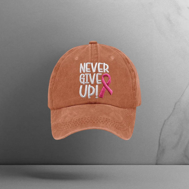 Never Give Up Pink Ribbon Breast Cancer Awareness Print Baseball Cap - Motivinci