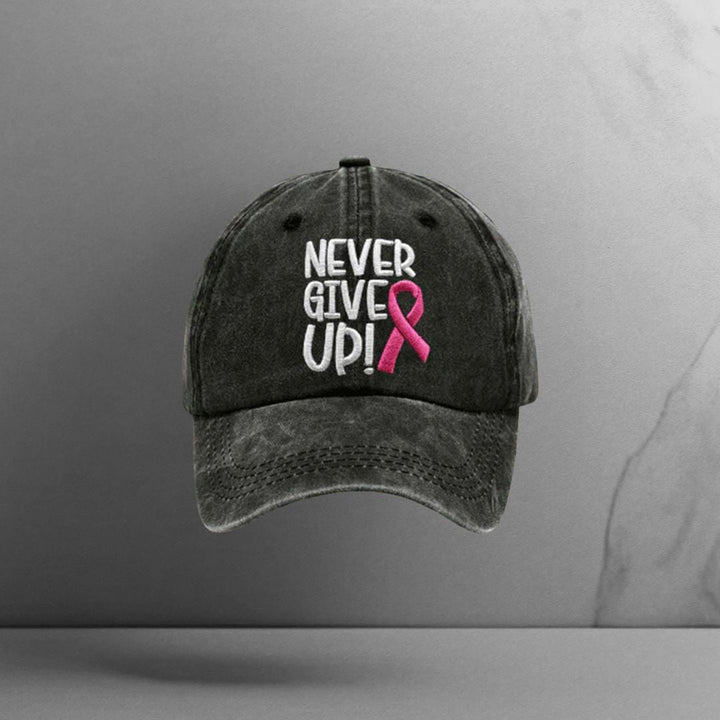 Never Give Up Pink Ribbon Breast Cancer Awareness Print Baseball Cap - Motivinci