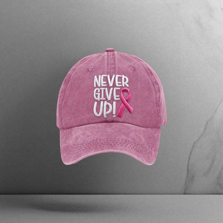 Never Give Up Pink Ribbon Breast Cancer Awareness Print Baseball Cap - Motivinci