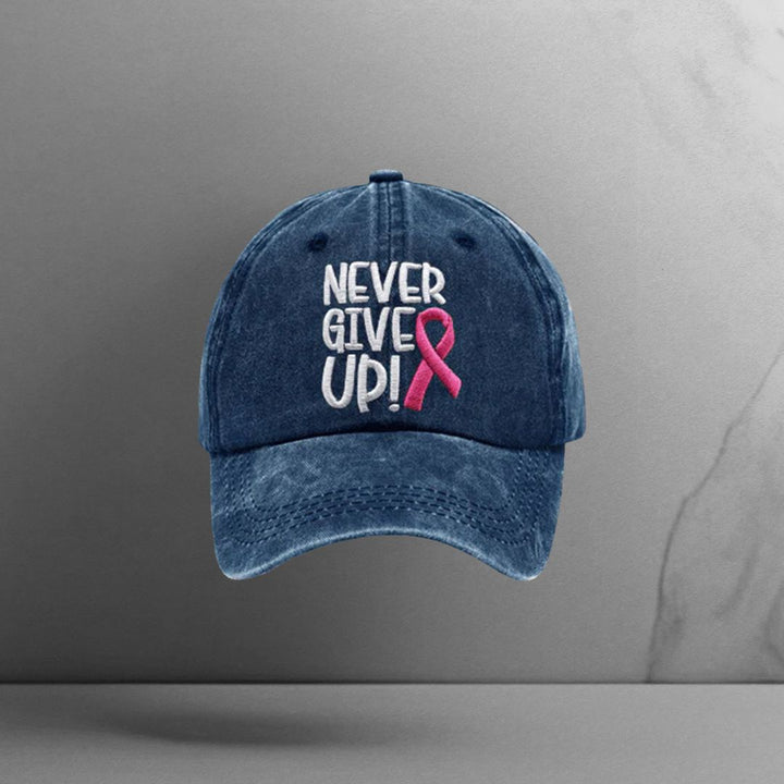 Never Give Up Pink Ribbon Breast Cancer Awareness Print Baseball Cap - Motivinci