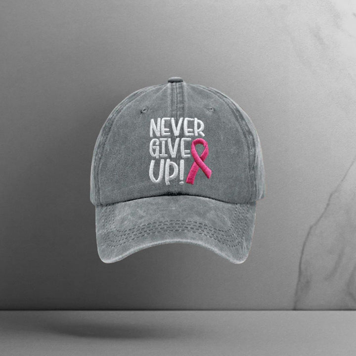 Never Give Up Pink Ribbon Breast Cancer Awareness Print Baseball Cap - Motivinci