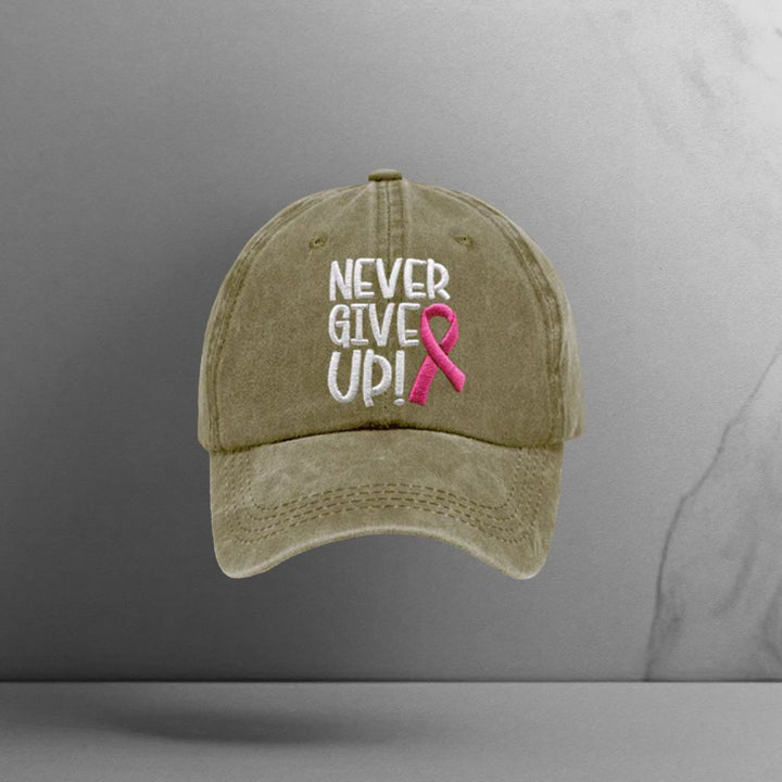 Never Give Up Pink Ribbon Breast Cancer Awareness Print Baseball Cap - Motivinci