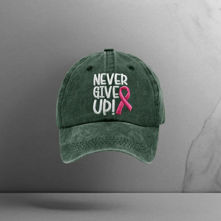 Never Give Up Pink Ribbon Breast Cancer Awareness Print Baseball Cap - Motivinci