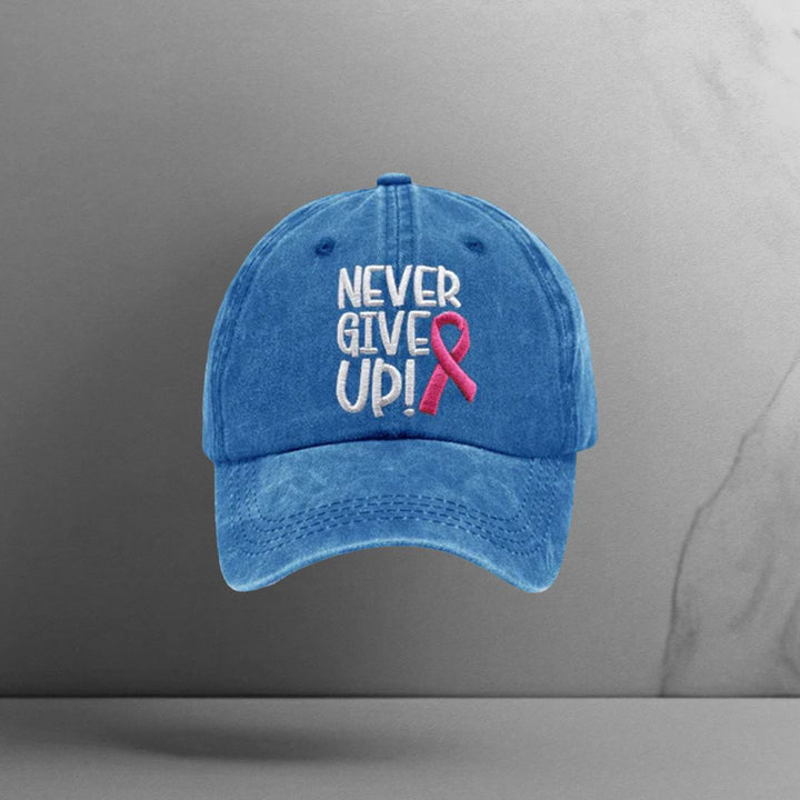 Never Give Up Pink Ribbon Breast Cancer Awareness Print Baseball Cap - Motivinci